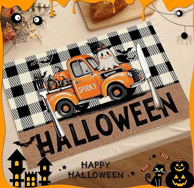 Halloween Pumpkin Placemats Set of 4, 12x18 Inch Plaid Truck Decorative Table Mats, Washable Heat Resistant Place Mats for Kitchen Dining Table, Spooky Themed Decoration for Home-B08
