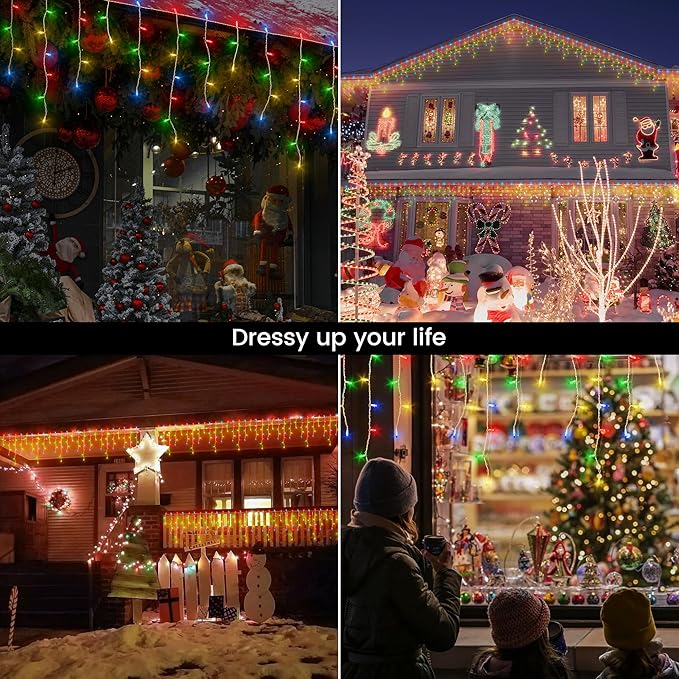 Icicle Christmas Lights Outdoor,23FT 200 Count Multicolor Icicle Lights Indoor with White Wire,Waterproof Connectable Icicle String Light for Holiday Home Garden Window Party Wedding Decor