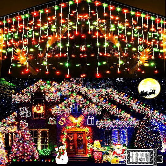 KNONEW 99ft 1216 LED Christmas Lights Outdoor Decorations with 228 Drops, 8 Modes Curtain Fairy Light, Clear Wire LED String Light Decor for Wedding Party Christmas (Red and Green)