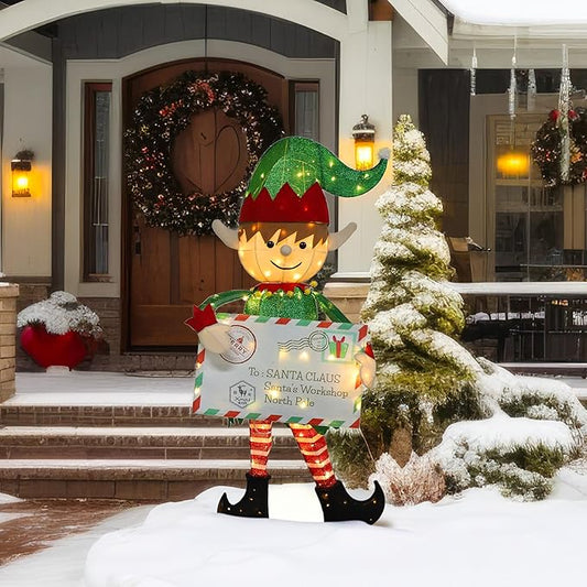 4.8FT Lighted Elf with Envelope Outdoor Christmas Decoration, 3D Pre-Lit Elf Decor with 100 LED Lights for Christmas, Freestanding Glittered Holiday Display for Outdoor, Indoor