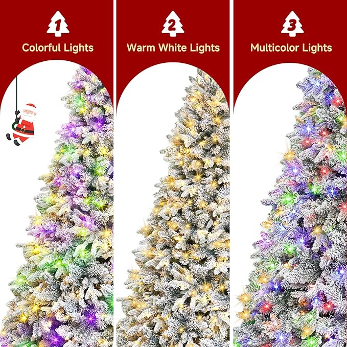 9ft Pre-Lit Snow Flocked Rotating Christmas Tree with 600 Multi-Color LED Lights, 2512 PE & PVC Tips - Realistic Artificial Tree for Holiday Decor