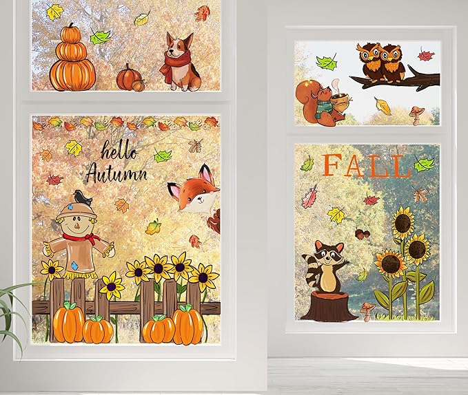 6 Sheets Fall Window Clings Fall Watercolor Pumpkin Maple Leaves Scarecrow Owl Sunflower Window Stickers for Autumn Thanksgiving Harvest Home Window Decals Decor