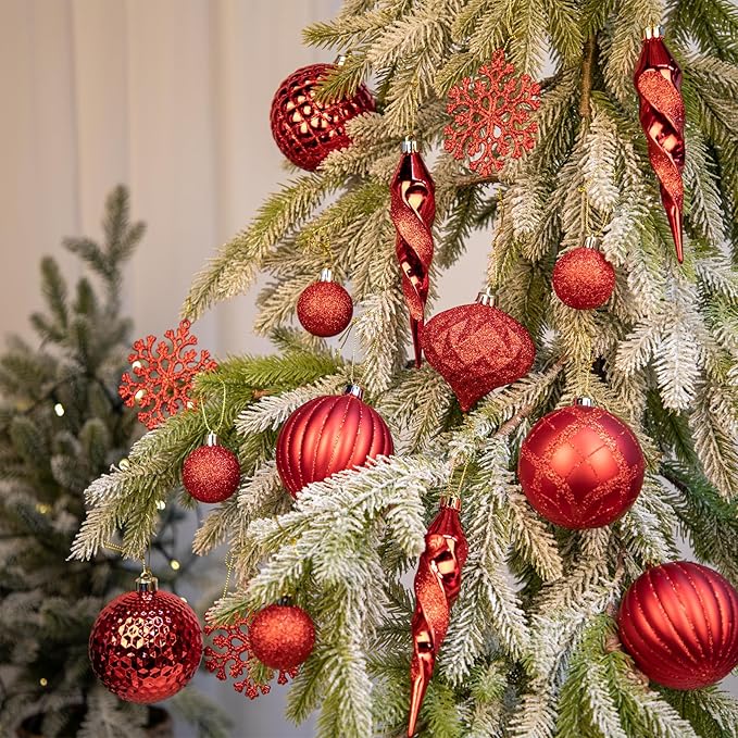 50PCS Christmas Tree Ornaments Set with Shatterproof Balls Icicle Snowflake Hanging Ornaments for Home Office Farmhouse Christmas Decorations, Red