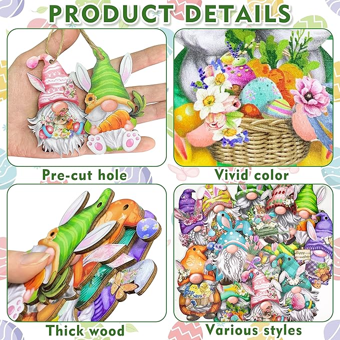24 Pieces Easter Wooden Gnome Hanging Ornaments Hanging Decor for Easter Tree Decoration Gnomes Bunny Doll Wooden Hanging Craft