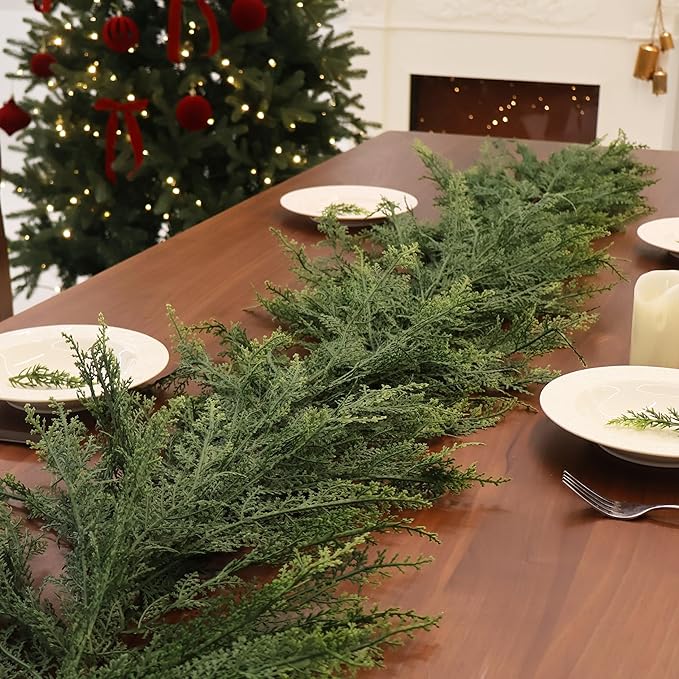 2PCS 9FT Christmas Cedar Garland Full Real Touch Artificial Green Faux Cypress Realistic Pine Garland for Mantle Fireplace Table Home Decoraiton
