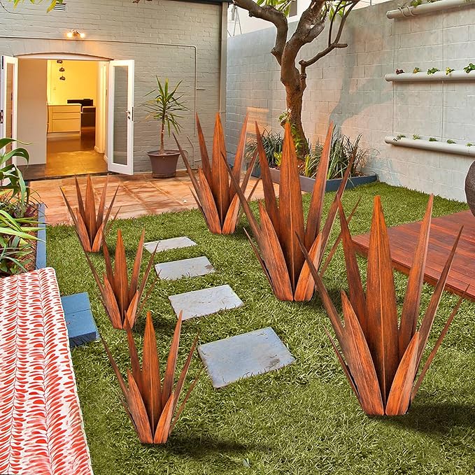 Metal Agave Plants, Tequila Rustic Sculpture, Metal Yard Art, Outdoor Lawn Ornaments Yard Stakes (Rusty- L)