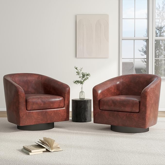 Swivel Barrel Accent Chair, Modern Round Faux Leather Arm Chair for Living Room, Bedroom, Comfy Club Reading Chairs for Adults(Faux Leather, Red Brown, Set of 2)