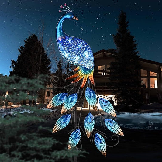 TERESA'S Collections Garden Decor Blue Peacock with Solar Outdoor Lights, 40" Glass Yard Art for Outside, Decorative Metal Stake Outdoor Decor for Lawn Decorations, Patio, Gifts for Mom