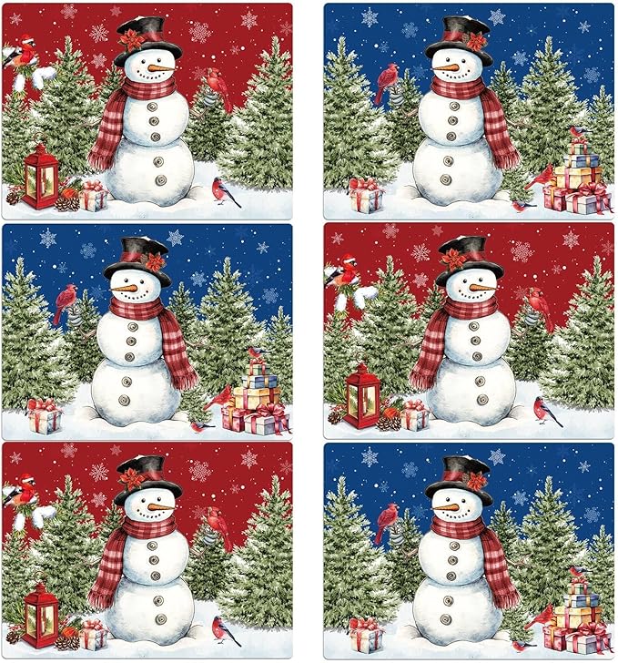 Winter Christmas Placemats Set of 6 Red Blue Snowman Plastic Table Mats Christmas Tree Birds Place Mats Washable Vinyl Seasonal Winter Table Decoration for Indoor Outdoor Party Kitchen Dining