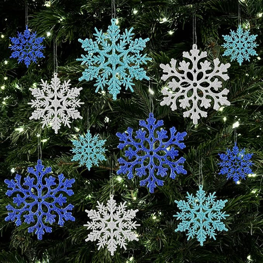 36pcs Blue Silver Christmas Snowflake Ornaments, Plastic Glitter Hanging Snow Flakes for Christmas Tree Decorations Winter Wonderland Frozen Birthday Party Home Decor Craft Snowflakes