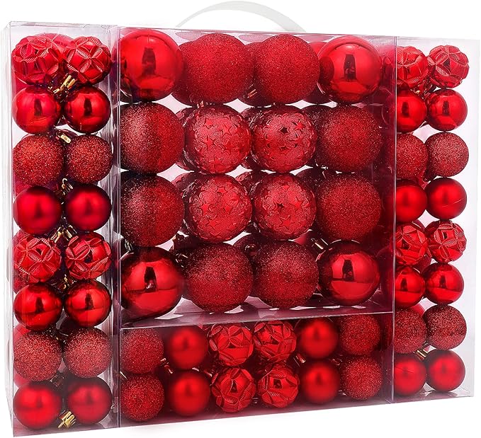87ct Christmas Ball Ornaments Set Shatterproof Seasonal Hanging Decorations with Reusable Hand-held Gift Package for Xmas Tree Holiday Party and Home Decor, Red