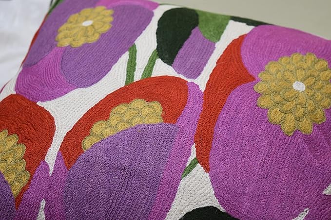 Lily Pink Flower Pillow Cover | Suzani Accent Pillow | Outdoor Floral Pillows | Hand Embroidered Wool Cushion - 18x18