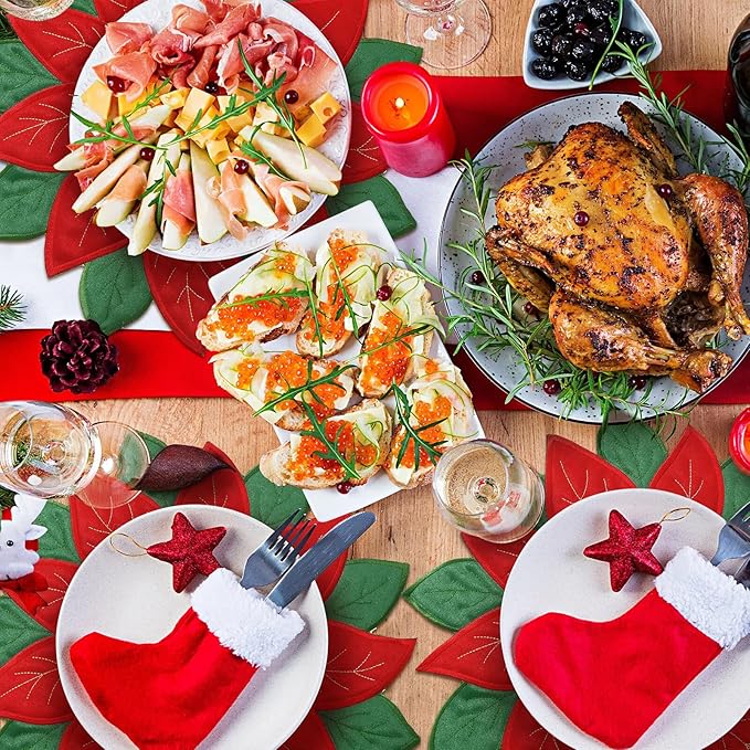 Christmas Placemats Set of 6 Christmas Embroidered Placemats 14 x 14 Inch Red Round Double Layer Applique Poinsettia Xms Flower Place Mat Table Decorations for Home Dining Holiday