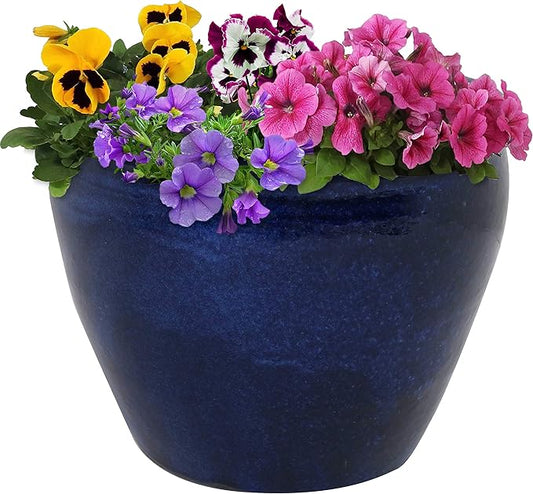 Sunnydaze Chalet Large Ceramic Plant Pot - Round Outdoor Glazed Ceramic Planter Pot with Drainage - Imperial Blue - 14.5"