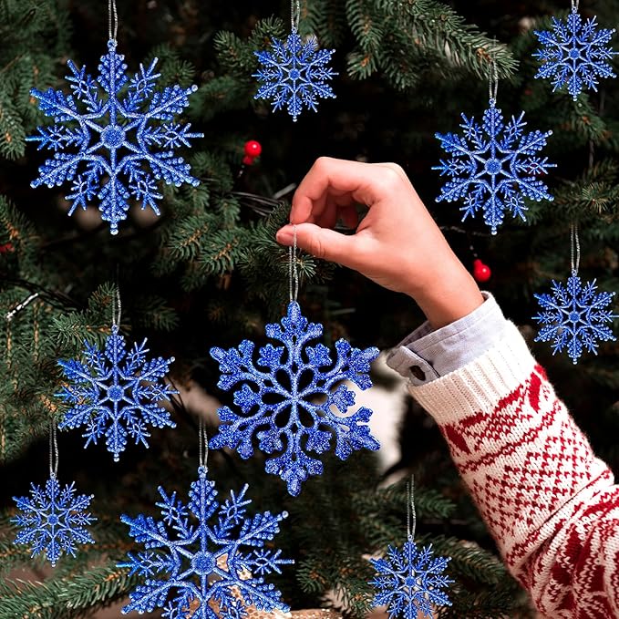 Christmas Tree Decorations Snowflake Ornaments 36Pcs Blue Silver Glitter Plastic Hanging Snowflakes from Ceiling Snow Flakes Decorating Hanging for Winter Wonderland Decorations Indoor Outdoor Decor