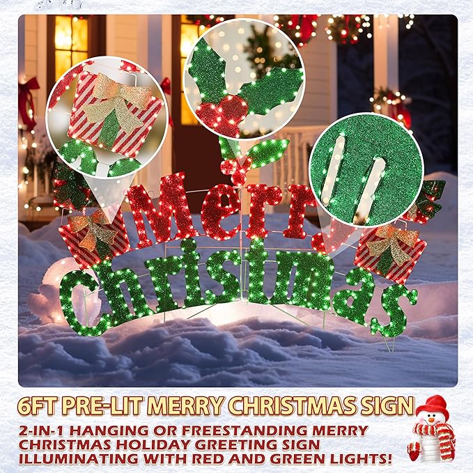 6FT Merry Christmas Sign for Decoration, 2-in-1 Pre-Lit Holiday Greeting Sign Decor with 456 LED Lights, Freestanding or Hanging Glittered Holiday Display for Outdoor, Indoor