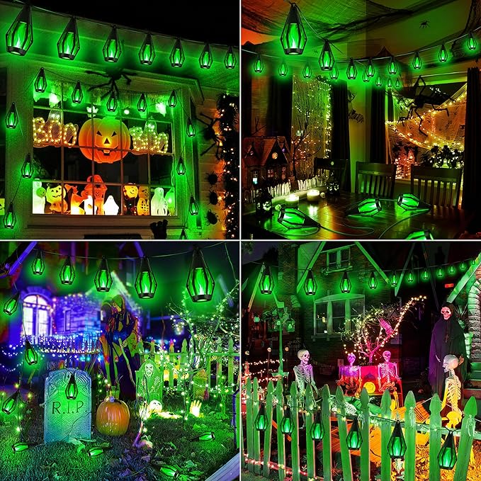 iBaycon Solar Halloween Lights, 42Ft 15 LED Bulbs Flickering Flame String Light, Outdoor Waterproof Solar Flame Lights for Garden Yard Patio Halloween Decorations (Green)