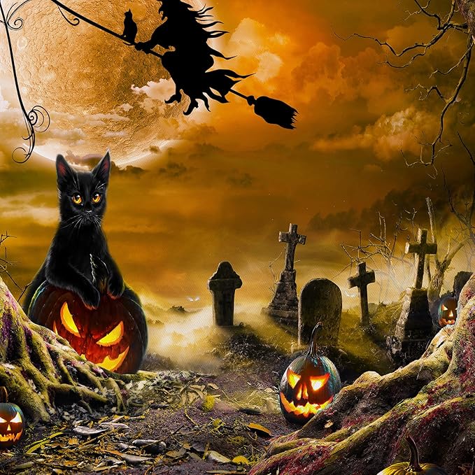 LB Halloween Wall Tapestry Horror Witch Cat and Dead Tree Pumpkin Lights with Spooky Graveyard Tapestry Orange Full Moon over Misty Forest Wall Decor for Bedroom Living Room Dorm 60x40 Inches