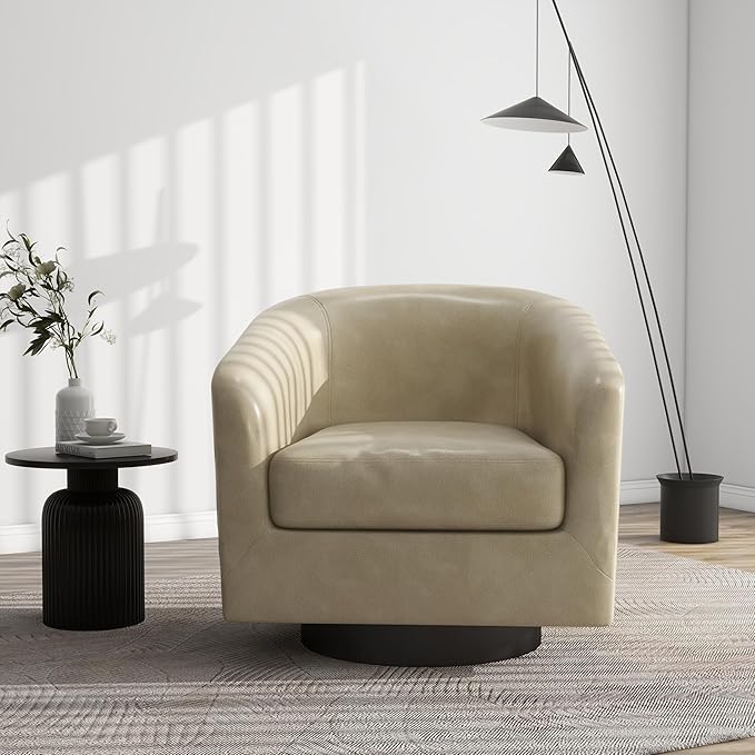 Swivel Barrel Accent Chair, Modern Round Faux Leather Arm Chair for Living Room, Bedroom, Comfy Club Reading Chairs for Adults(Faux Leather, Cream, Set of 4)