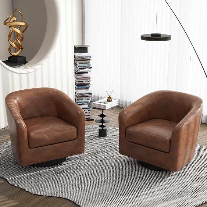 Swivel Barrel Accent Chair, Modern Round Faux Leather Arm Chair for Living Room, Bedroom, Comfy Club Reading Chairs for Adults(Faux Leather, Coffee, Set of 2)