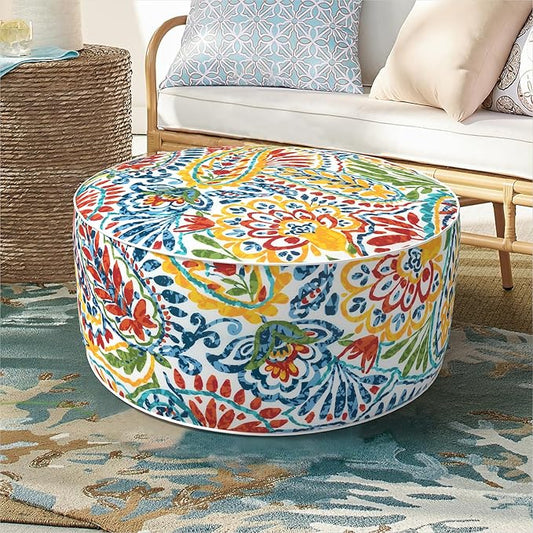 Inflatable Ottoman Stool D21 xH9 for Outdoor/Indoor Use, Water Repellent Patio Foot Rest Stool with Portable Handle,Round Pouf Ottoman Suitable for Garden,Deck and Camping - Paisley Multi