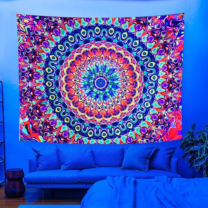 OSVINO Blacklight Colorful Mandala Tapestry 90"x70" Kaleidoscopic Trippy Room Decor Black Light Poster Bohemian Wall Decor for Bedroom Backdrop Decor