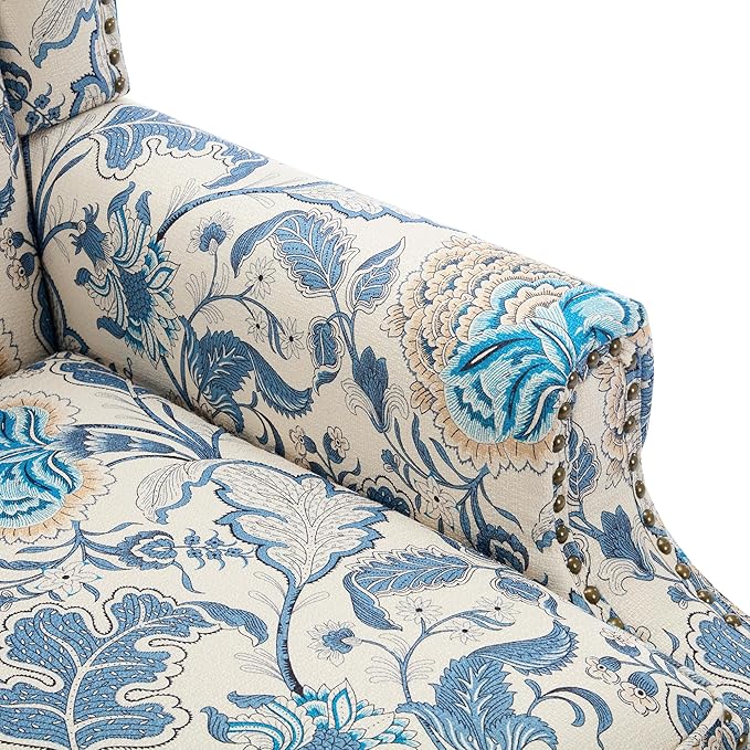 UIXE High Back Floral Accent Chairs Set of 2, Upholstered Armchair in Fabric, Retro Printed Wingback Arm Chair for Living Room, Nailhead Trim Single Sofa Bedroom Reading Seat - Boho Blue