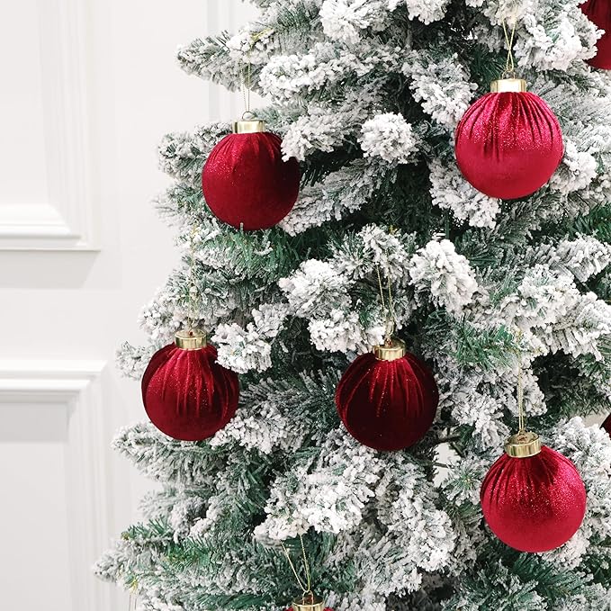 3.15inch Burgundy Velvet Ornaments for Christmas Tree, 15pcs Flocked Christmas Ornaments Decorations Balls Set Decor