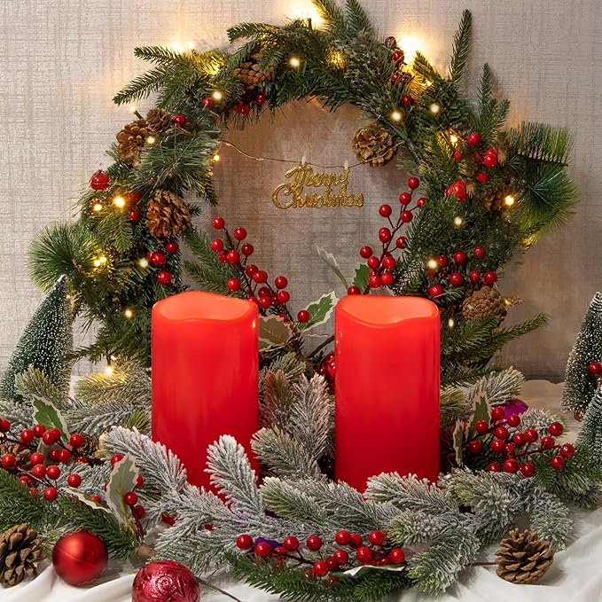 NURADA 8" x 4" Large Outdoor Flameless Candles - Waterproof LED Pillar Flickering Candle Battery Operated with Timer Remote Control for Patio Porch Christmas Decor - 2 Pack Red
