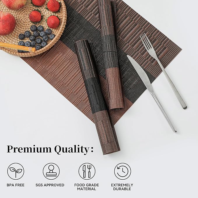 Leetaltree Brown with Black Striped Placemats Set of 12 - Heat Resistant Non-Slip Place mats for Dining Table, Washable Durable PVC Vinyl Woven Table Mats（Brown Stripe, 12）