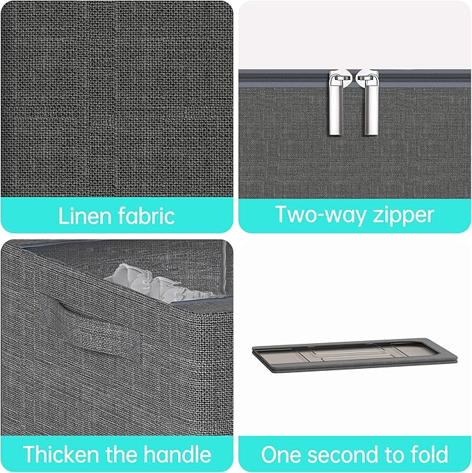 3PCS Under Bed Storage Bins with Metal Frame, Linen Fabric Frame Storage Box Clothes Organizer Bins, Underbed Container with Clear Window (Dark Grey, 23.6 x 13 x 6IN)