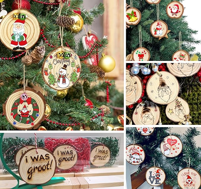 30 PCS Natural Unfinished Wood Crafts, 2.7" - 3.1" WoodRounds with Hole, Wood Ornaments WoodCircles for Crafts Doodle, Splice, Paint, Art, Decorate