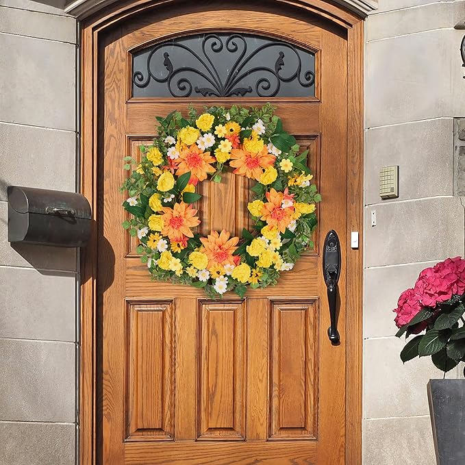 GENMOUS 24Inch Fall Wreaths for Front Door, Autumn Wreath with Dahlias and Daisy, Flower Wreath Home Decor for Autumn Thanksgiving Farmhouse Indoor Wall Window Garden Porch Fall Decor