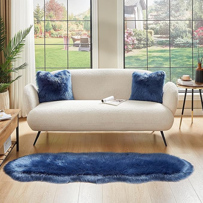 AMTOVO Faux Sheepskin Rug, Dark Blue Ultra Soft Fluffy Shag Area Rug, 2 x 6 ft Faux Fur Rug for Bedroom Sofa Throw Cushion Room Decor, Sheepskin