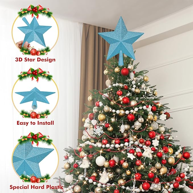 Christmas Tree Topper, Blue 10" 3D Star Tree Topper Decorations, Large Christmas Tree Topper Bethlehem Star Ornament, Glitter Shatterproof Christmas Tree Decor for Holiday Xmas Home Indoor Outdoor