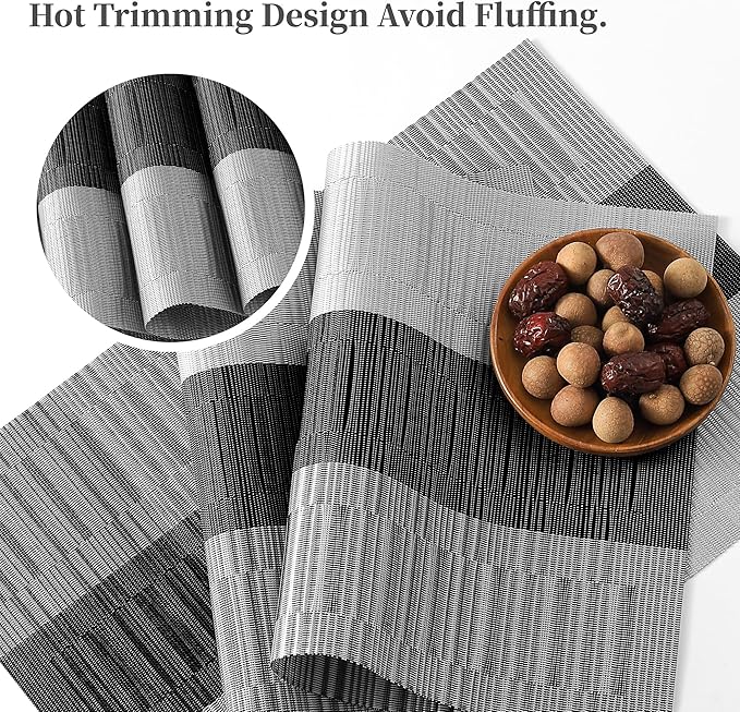 Leetaltree Grey with White Striped Placemats Set of 8 - Heat Resistant Non-Slip Place mats for Dining Table, Washable Durable PVC Vinyl Woven Table Mats（Grey Stripe, 8）