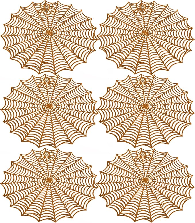 Sfcddtlg 6 Pcs Halloween Spider Web Placemats- 15"" Heat Insulation Halloween Placemats Spider Web Table Mats- Hollow Out Spiderweb Coasters Placemat for Dining Table Halloween Decoration (Brown)