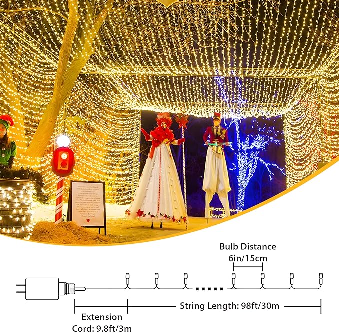 98FT 200 LEDs String Lights Waterproof Fairy Lights 8 Modes with Memory 30V UL Certified Power Supply for Home, Garden, Wedding, Party, Christmas Decoration Indoor Outdoor (Warm White)