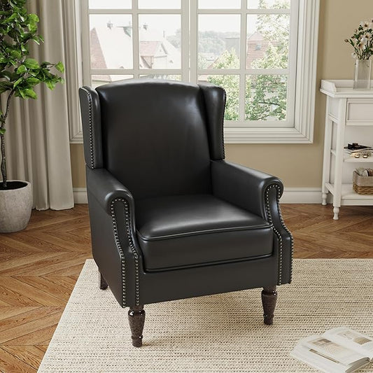 Accent Chair, Faux Leather High Back Armchair or Living Room, Comfy Upholstered Single Sofa Reading Chair with Solid Wood Legs for Office, Bedroom, Waiting Room-Black