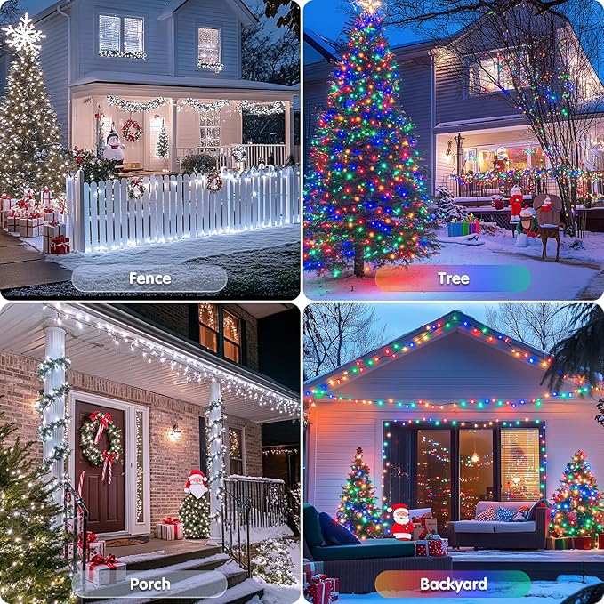 JMEXSUSS 2 Pack White & Multicolor Solar Christmas Lights Outdoor, Each 100 LED 33ft Solar Color Changing Lights Outdoor Waterproof for Christmas Tree Yard Decorations