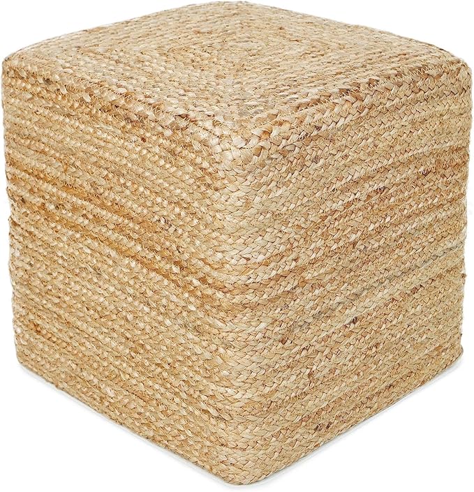 REDEARTH · Cube Pouf Foot Stool Ottoman - Jute Braided Pouffe Poof Accent Sitting - Set of 2 Footrest for The Living Room, Bedroom, Nursery, Patio, Lounge, Office - 14.5”x14.5”x16” - Natural
