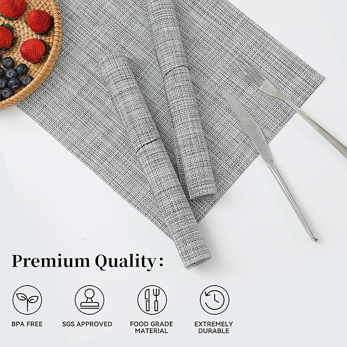 Leetaltree Linen Grey Placemats Set of 4 - Heat Resistant Non-Slip Place mats for Dining Table, Washable Durable PVC Vinyl Woven Table Mats（Linen Grey, 4）