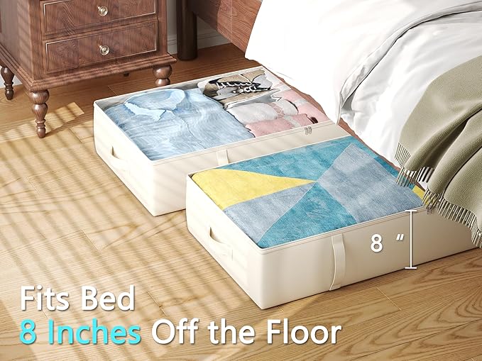 2-Pack Under Bed Storage Containers, 8 Inches Tall Underbed Clothes Storage Organizer Bin with Sturdy Sidewalls/Bottom, Under the Bed Storage Bags 2 Storage Bins, Beige