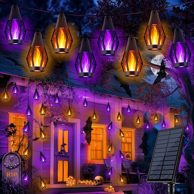 iBaycon Solar Halloween Lights, 42Ft 15 LED Bulbs Flickering Flame String Light, Outdoor Waterproof Solar Flame Lights for Garden Yard Patio Halloween Decorations (Warm White + Purple)
