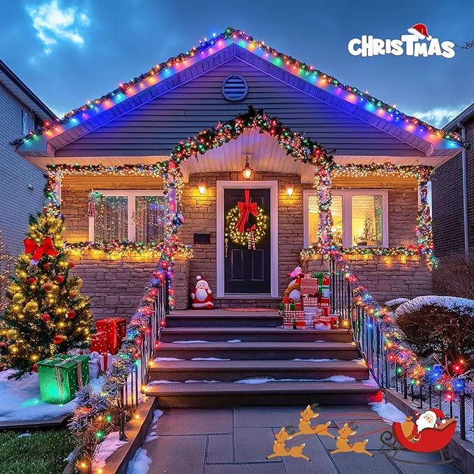 JMEXSUSS 2 Pack Warm White & Multicolor Solar Christmas Lights Outdoor, Each 100 LED 33ft Solar Color Changing Lights Outdoor Waterproof for Christmas Tree Decorations