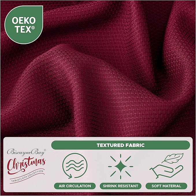 Biscaynebay Textured Fabric Round Christmas Table Cloths 108", Burgundy Water Resistant Washable Folding Table Covers for Dining, Kitchen, Wedding, Parties Machine Washable