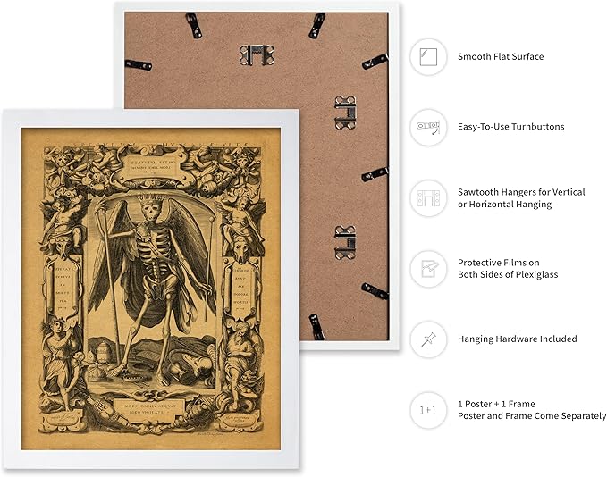 Poster Master Vintage Medieval Poster - Retro Gothic Print - Gift for Artist, Friend - Angel of Death, Memento Mori, Life, Skeleton, Dark - Wall Decor for Home, Living Room, 11x14 White Framed