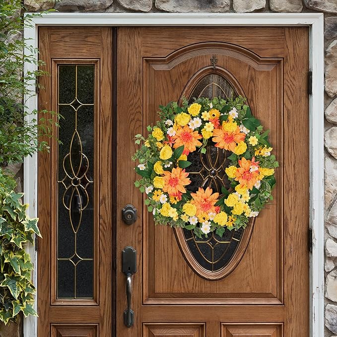 GENMOUS 24Inch Fall Wreaths for Front Door, Autumn Wreath with Dahlias and Daisy, Flower Wreath Home Decor for Autumn Thanksgiving Farmhouse Indoor Wall Window Garden Porch Fall Decor