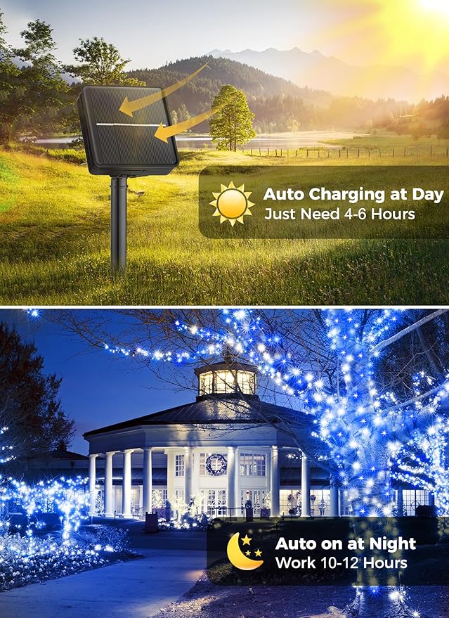 Minetom Solar String Lights - 4 Pack, 160FT, 400 LED with 8 Modes, Waterproof, Outdoor Christmas Lights for House & Tree, Blue & White