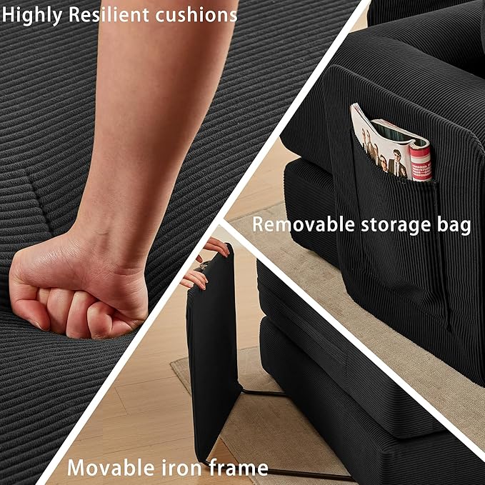 107" Oversized Convertible Sleeper Sofa Bed, Corduroy L Shape Sectional Couch, Folding Sofa Bed with Side Pocket, Modern Cloud Floor Mattress Couch, Modular Sofa for Living Room, Black